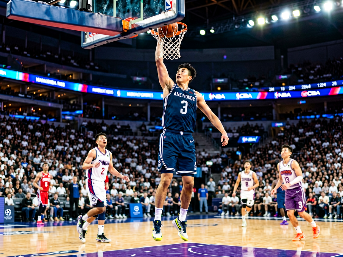篮球比赛现场，球员扣篮瞬间，球场灯光璀璨