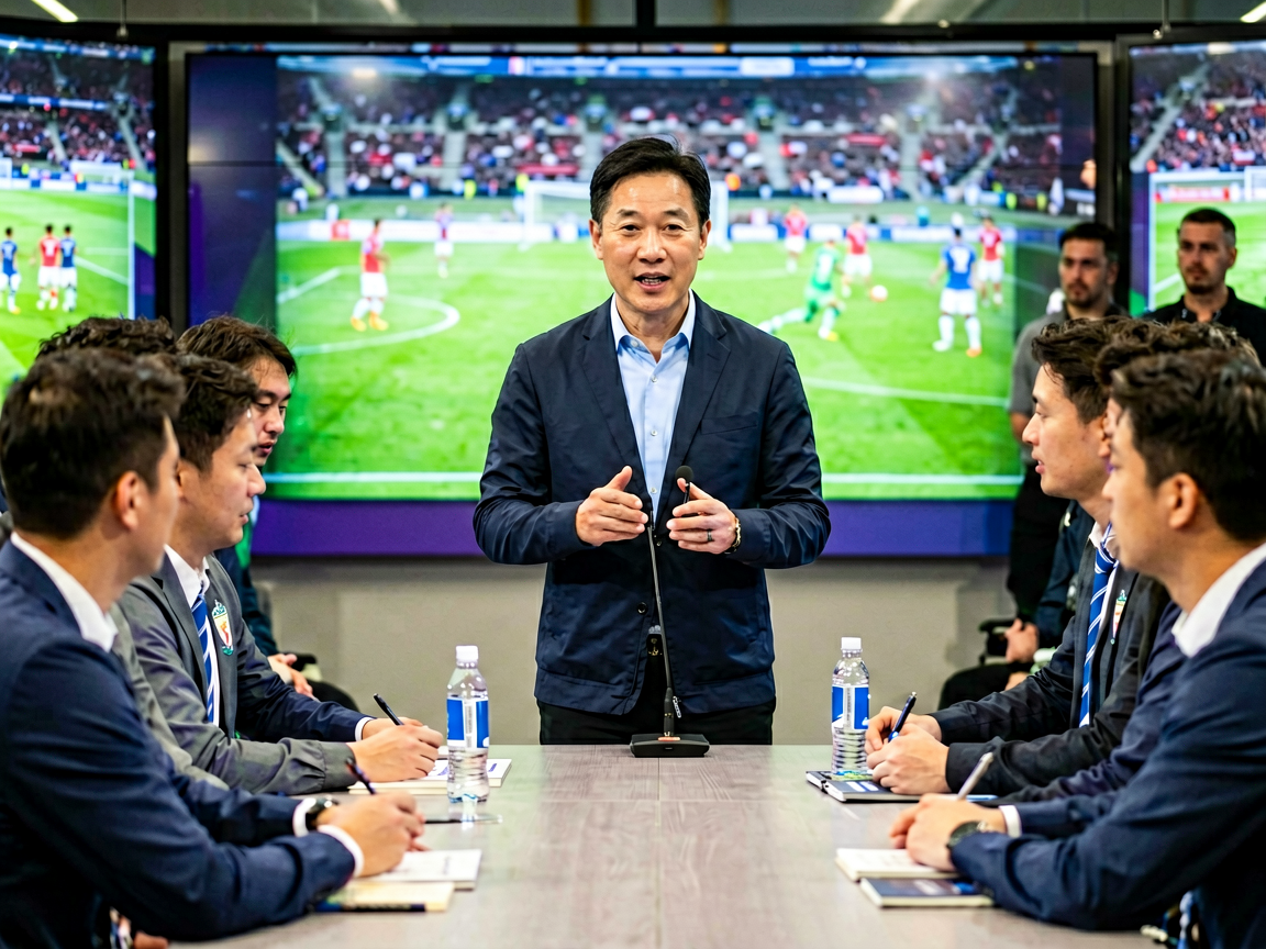 足球教练赛后新闻发布会，分析比赛战术布局
