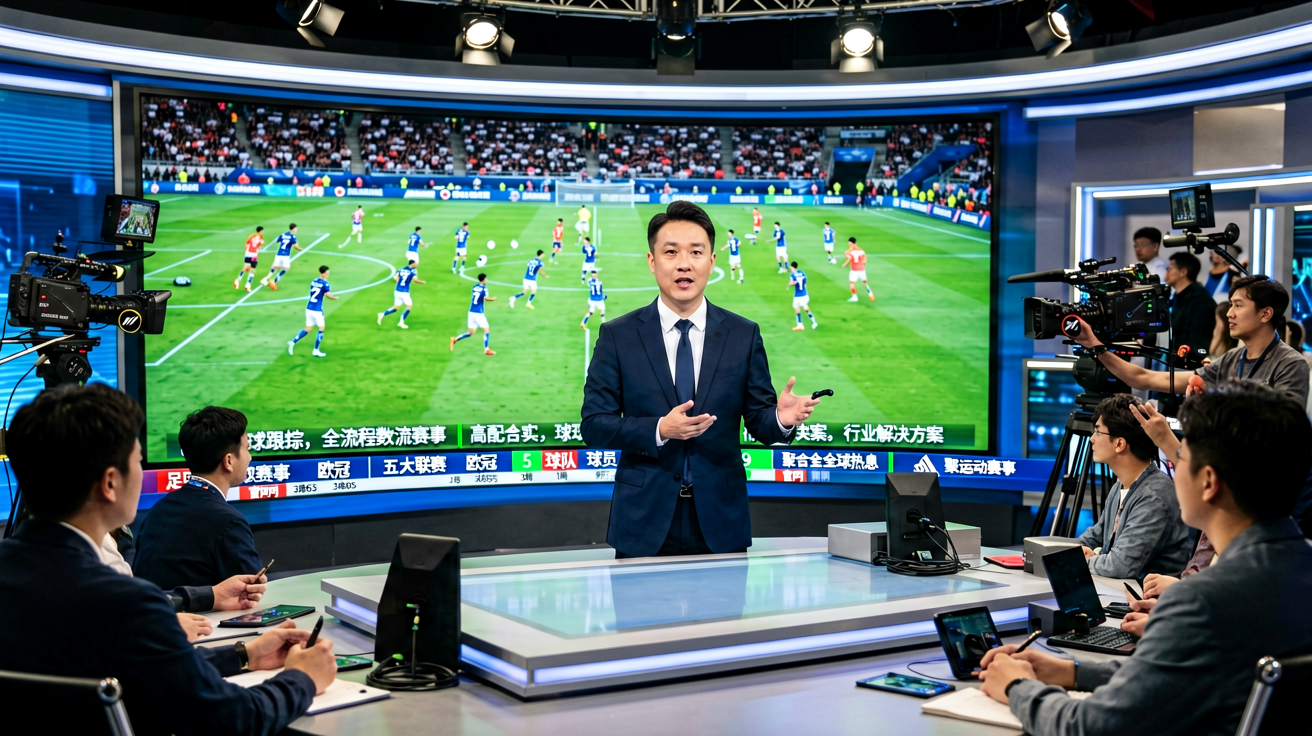 体育直播演播室，解说员专业解说比赛